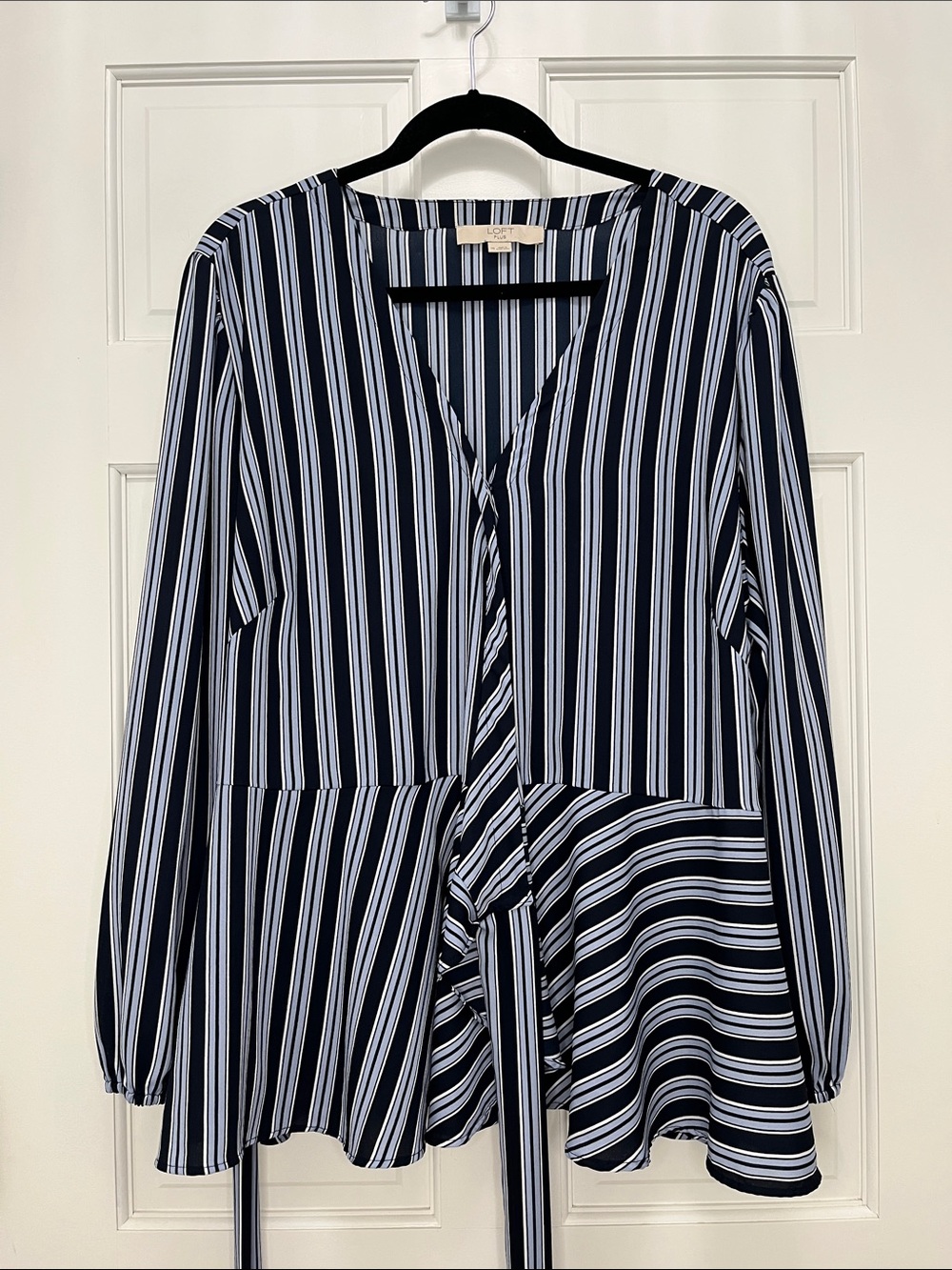 LOFT Navy and White Striped V Neck Wrap Peplum Blouse - Size 20
